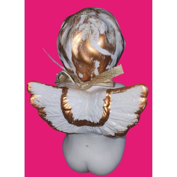 White & Gold Ceramic Angel Figurine With Floral Bow Details - Picture 3 of 9